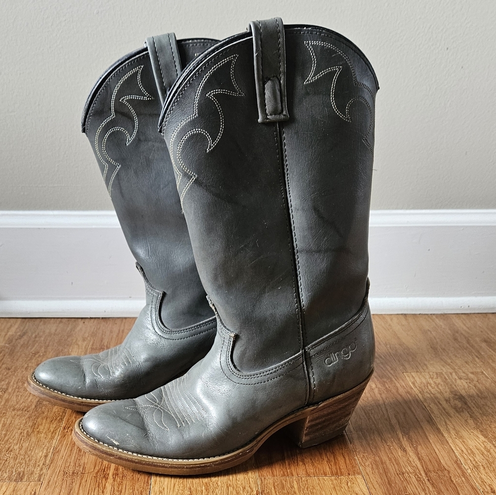 Vintage DINGO 5965 Gray Distressed LEATHER Western Cowboy Boots Mens Size 8 D
